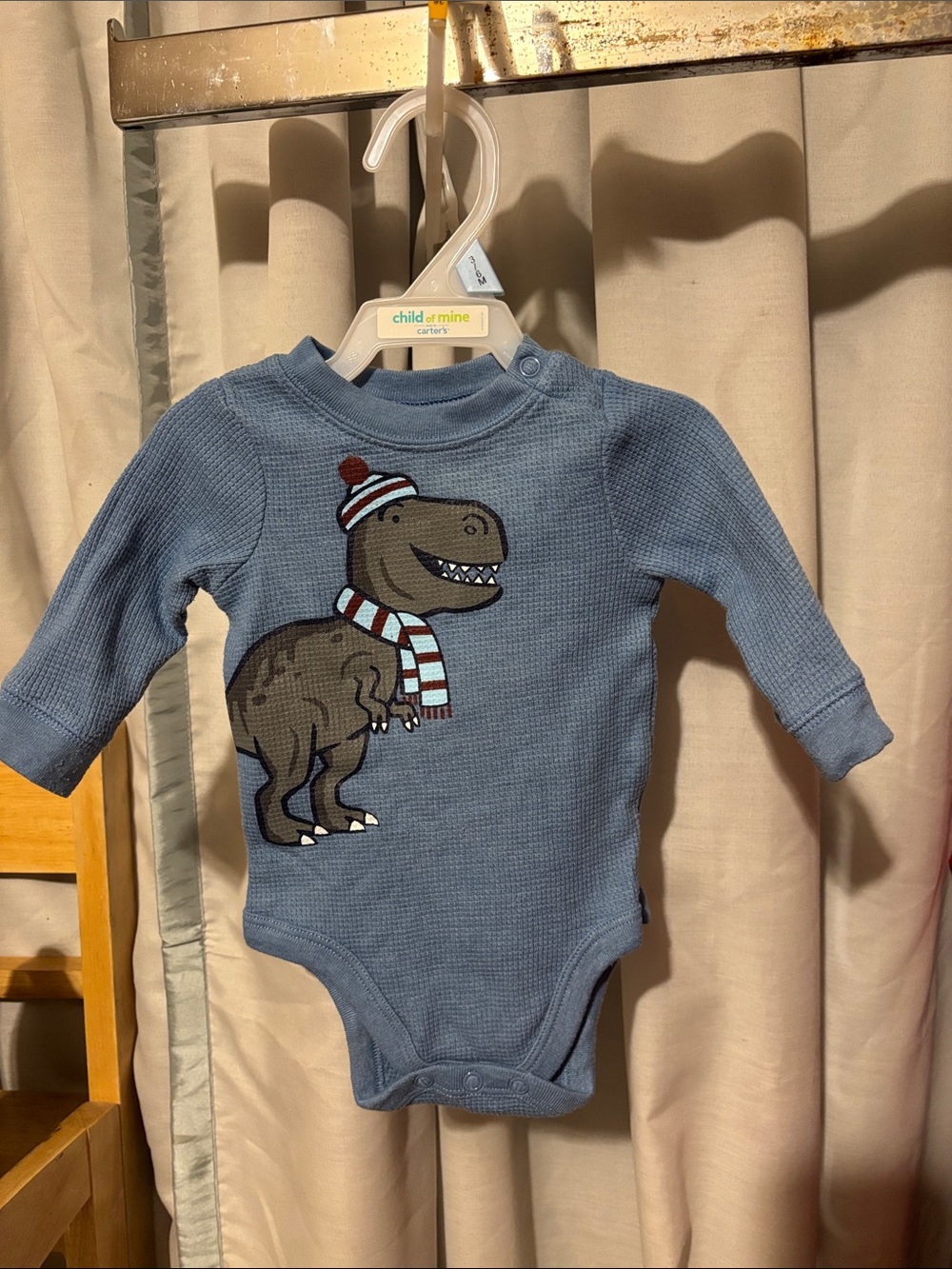 child of mine blue waffle-knit dino thermal one-piece